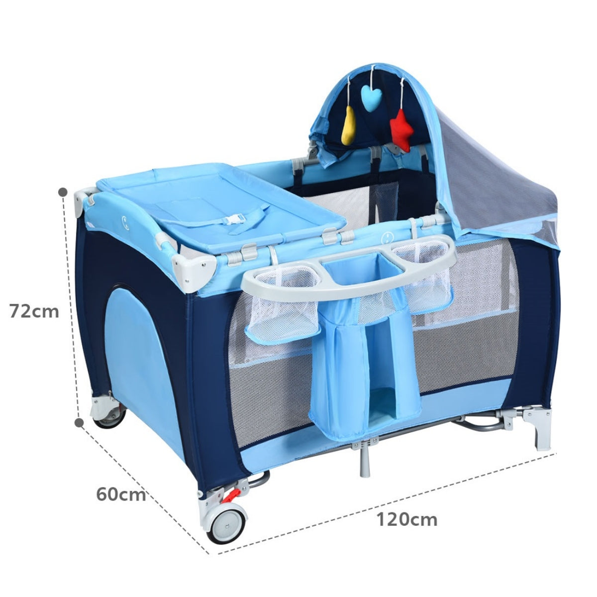 LIVSK Reiswieg 4-in-1 - Ademend Mesh - Inklapbaar met Aankleedkussen en Speelboog - Voor Baby's tot 14 kg - Blauw