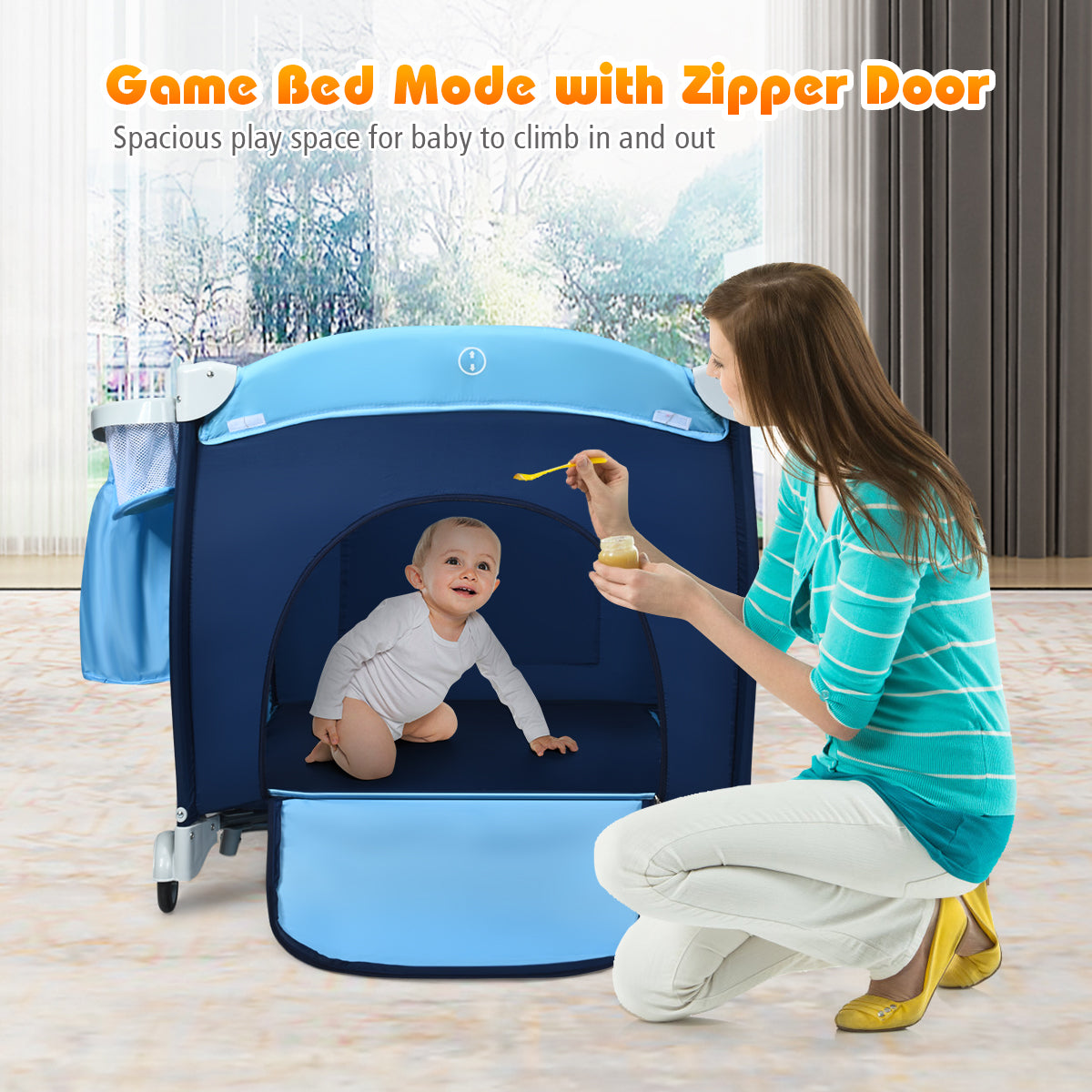 LIVSK Reiswieg 4-in-1 - Ademend Mesh - Inklapbaar met Aankleedkussen en Speelboog - Voor Baby's tot 14 kg - Blauw