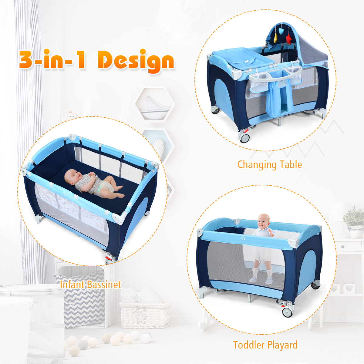LIVSK Reiswieg 4-in-1 - Ademend Mesh - Inklapbaar met Aankleedkussen en Speelboog - Voor Baby's tot 14 kg - Blauw