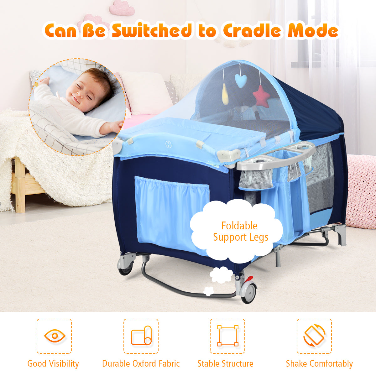 LIVSK Reiswieg 4-in-1 - Ademend Mesh - Inklapbaar met Aankleedkussen en Speelboog - Voor Baby's tot 14 kg - Blauw