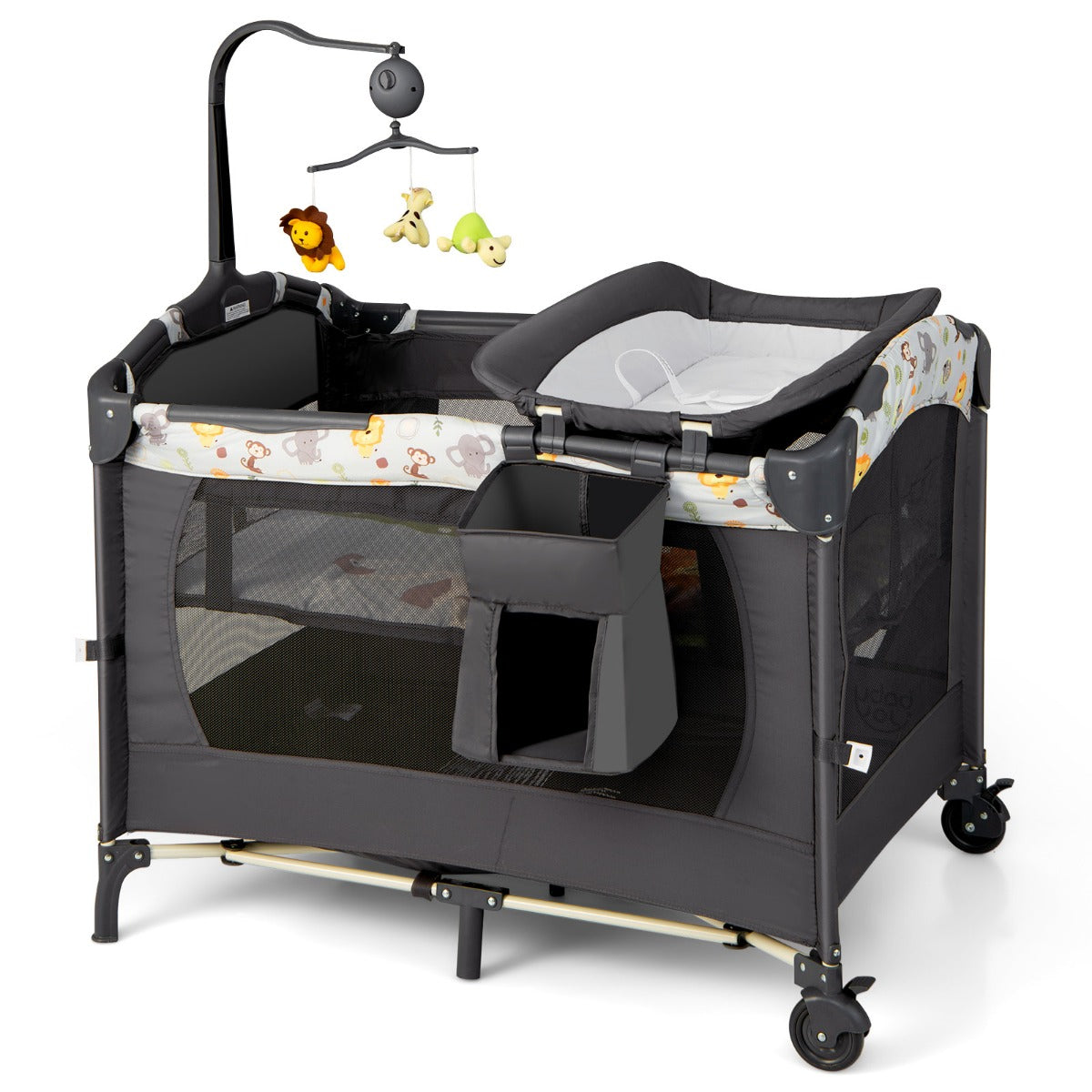 LIVSK 3-in-1 Draagbare Babyspeelbox - Wieg, Luiertafel en Activiteitencentrum - 7-puntsstructuur - Inclusief Muziekdoos - Grijs