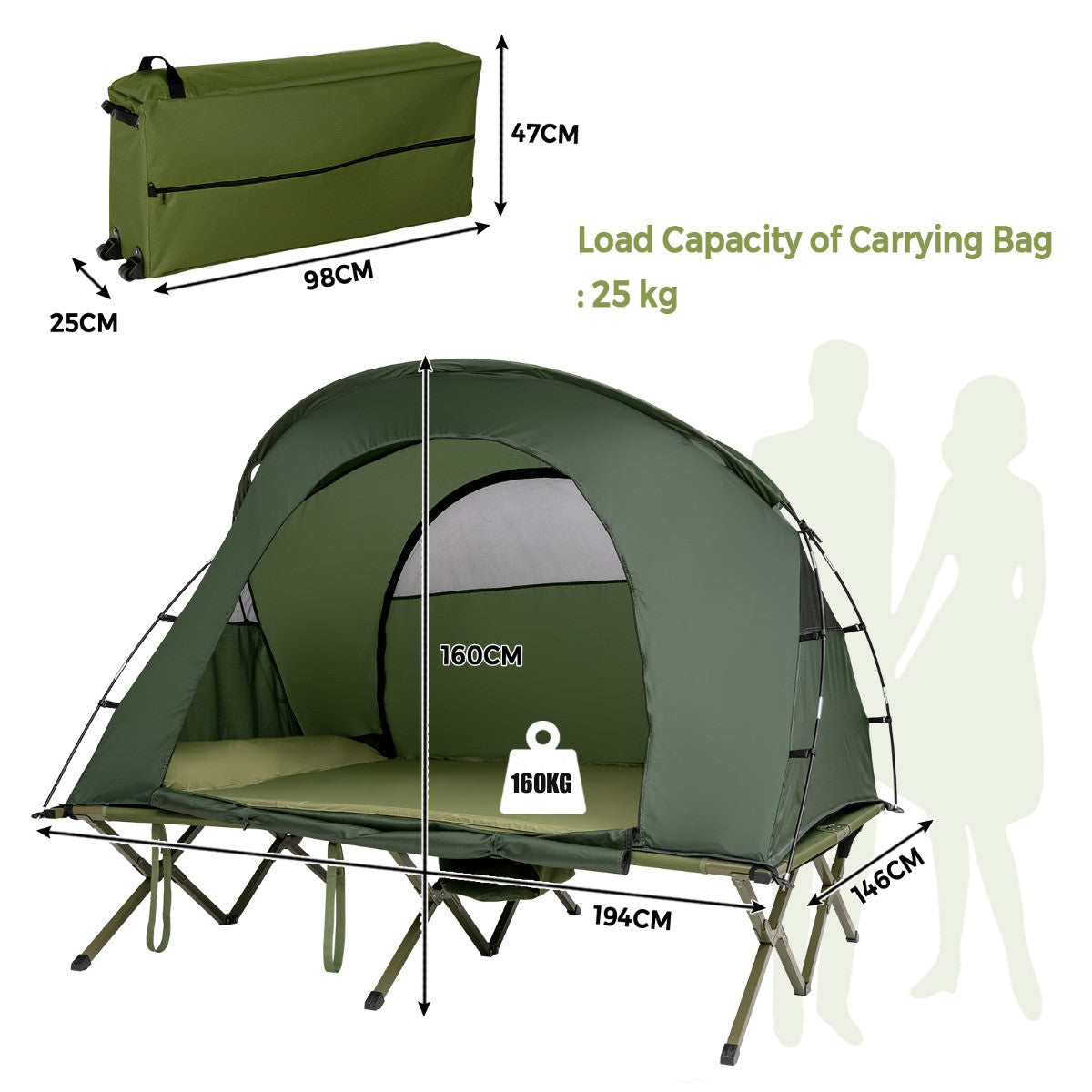 LIVSK Kampeertent met Verhoogd Bed - Zelfopblazend Matras - Dubbellaags - Waterdicht - Voor 2 Personen - Groen