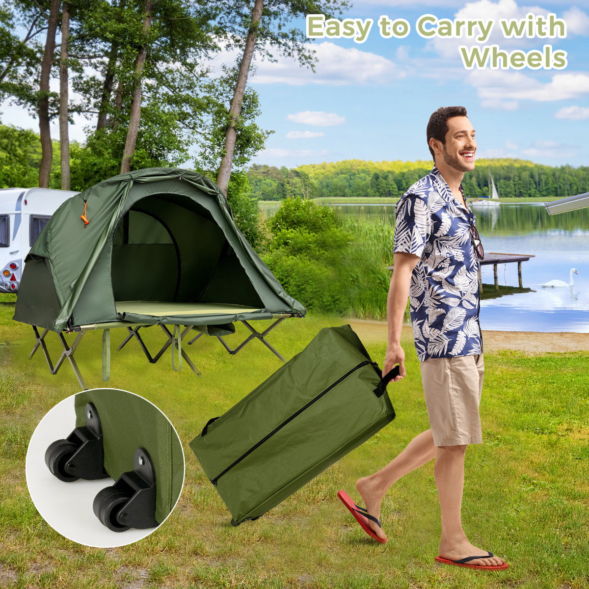 LIVSK Kampeertent met Verhoogd Bed - Zelfopblazend Matras - Dubbellaags - Waterdicht - Voor 2 Personen - Groen