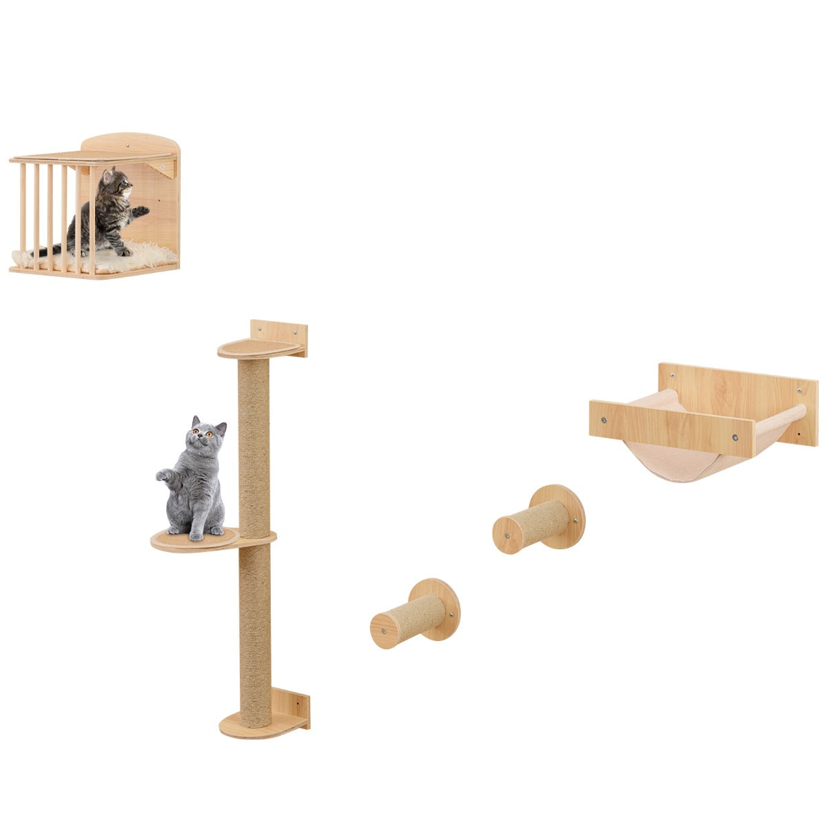 LIVSK 4-in-1 Kattenmeubelset - Kattenboom met 3 Niveaus - Krabpalen en Hangmat - Efficiënt Muurruimtegebruik - Natuurlijk
