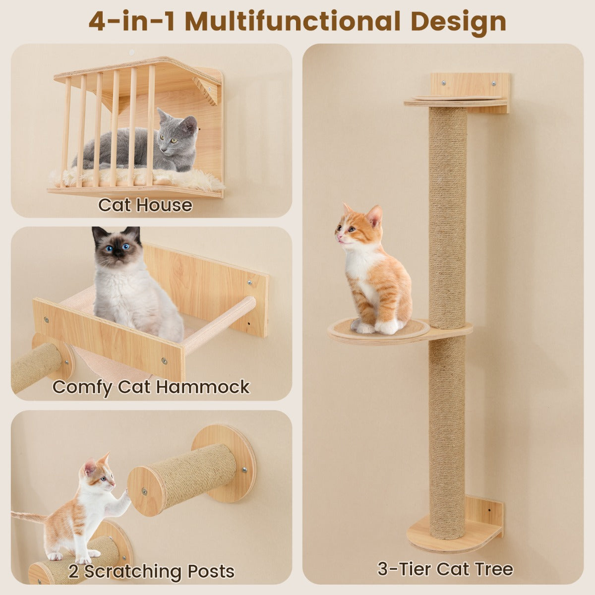 LIVSK 4-in-1 Kattenmeubelset - Kattenboom met 3 Niveaus - Krabpalen en Hangmat - Efficiënt Muurruimtegebruik - Natuurlijk