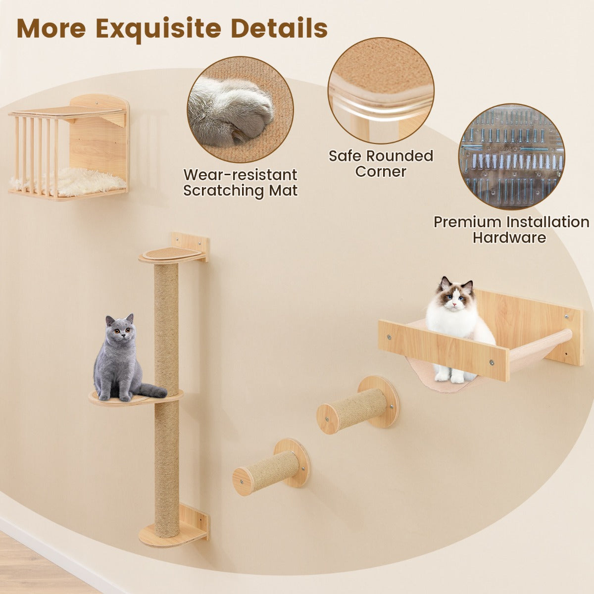 LIVSK 4-in-1 Kattenmeubelset - Kattenboom met 3 Niveaus - Krabpalen en Hangmat - Efficiënt Muurruimtegebruik - Natuurlijk