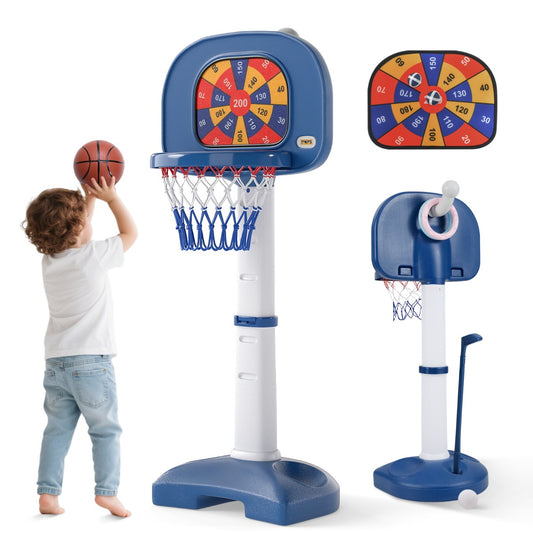LIVSK Kinder Hoogteverstelbare Basketbalring - 4-in-1 Speelcentrum met Accessoires - Verstelbaar van 111-146 cm - Wit + Blauw