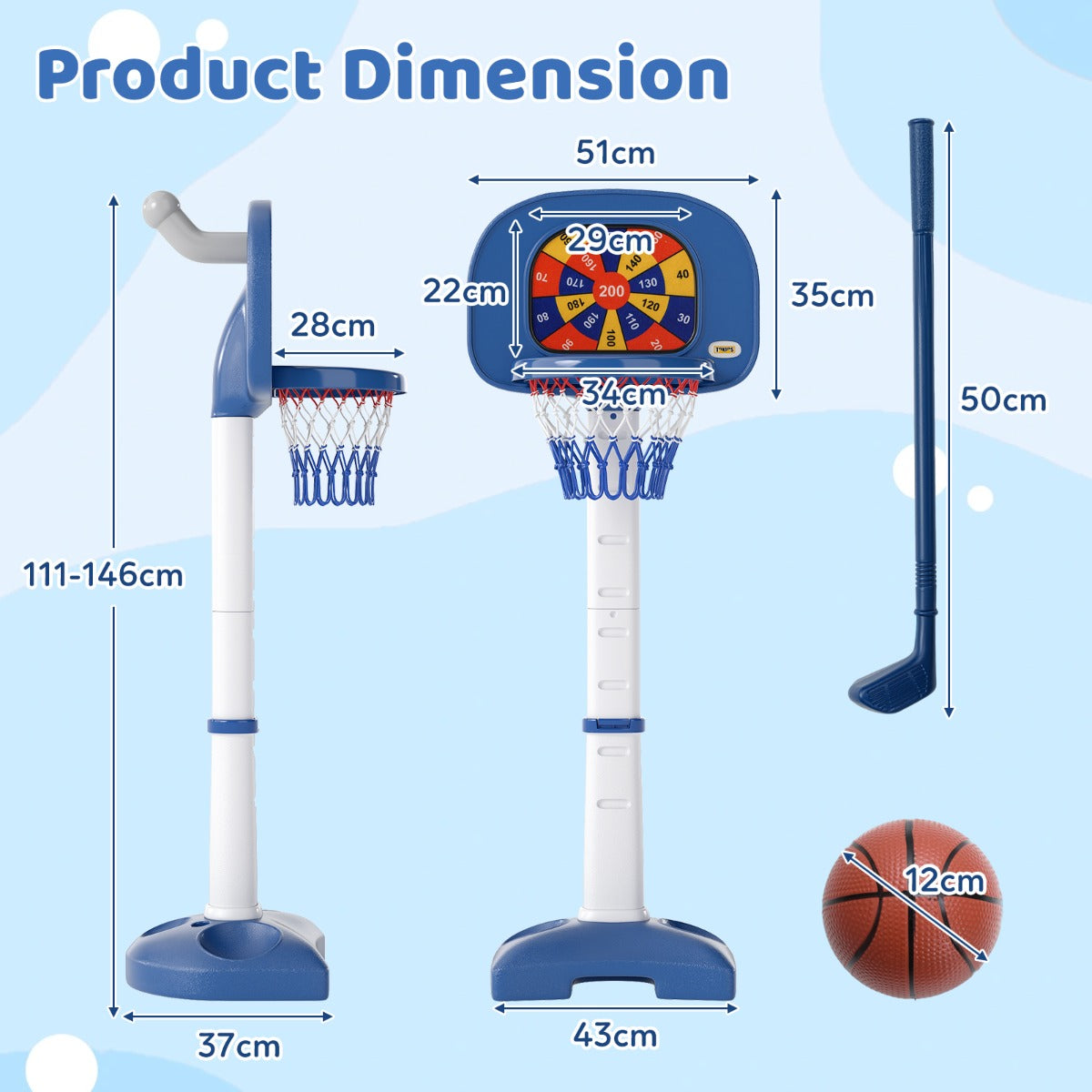 LIVSK Kinder Hoogteverstelbare Basketbalring - 4-in-1 Speelcentrum met Accessoires - Verstelbaar van 111-146 cm - Wit + Blauw