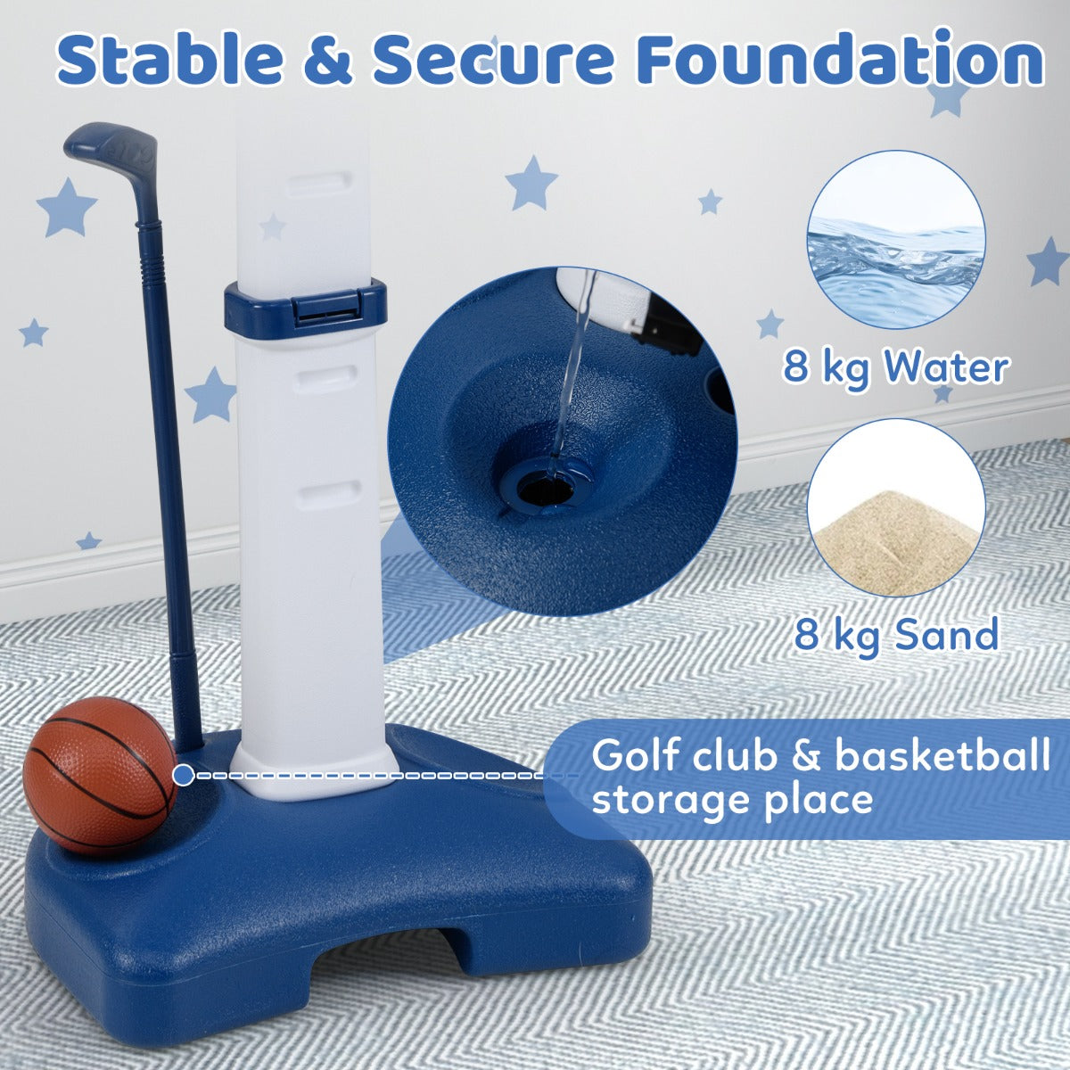 LIVSK Kinder Hoogteverstelbare Basketbalring - 4-in-1 Speelcentrum met Accessoires - Verstelbaar van 111-146 cm - Wit + Blauw