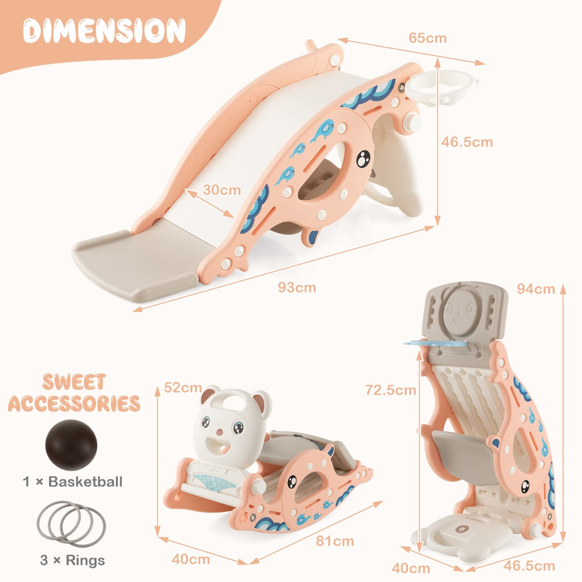 LIVSK 4-in-1 Glij- en Schommelspeelgoed - Schommelpaard - Basketbalring - Ringwerpspel - Duurzaam PE-materiaal - Roze
