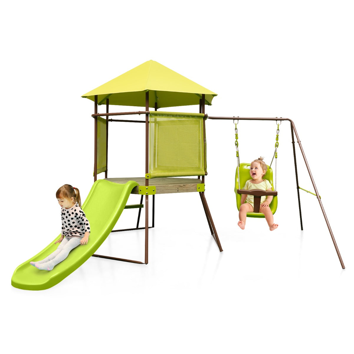 LIVSK 4-in-1 Kinderschommelset - Overdekte Hut - Verstelbaar Babyzitje - Glijbaan en Ladder - Veiligheidsnetten - Metalen Frame -