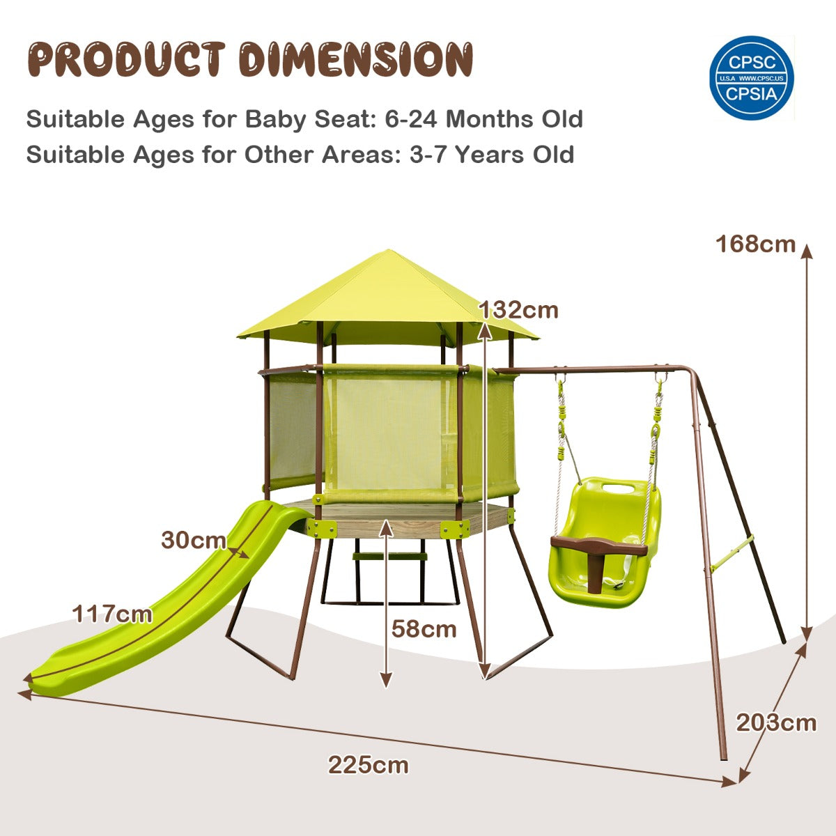 LIVSK 4-in-1 Kinderschommelset - Overdekte Hut - Verstelbaar Babyzitje - Glijbaan en Ladder - Veiligheidsnetten - Metalen Frame -