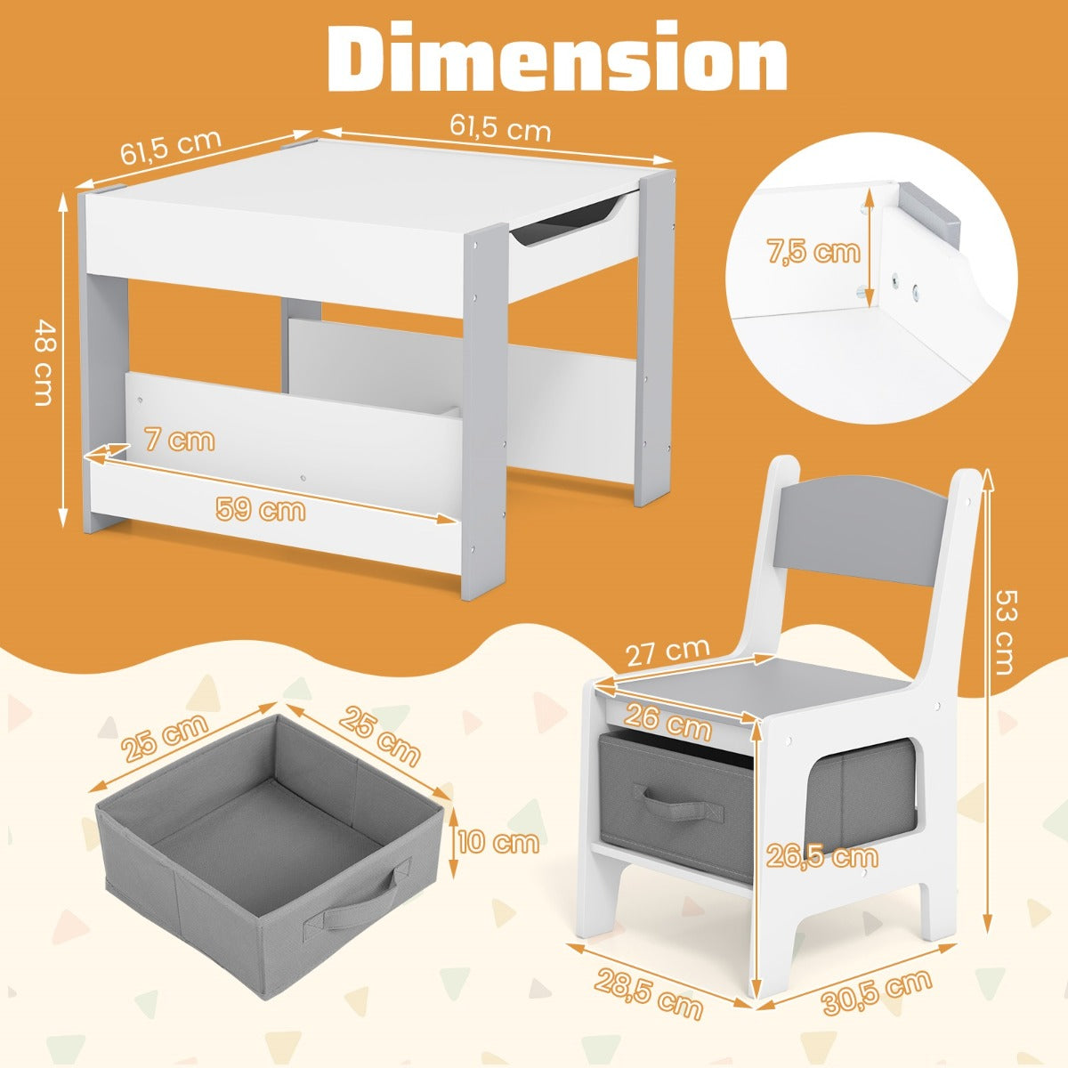 LIVSK Kindertafel & Stoelenset - 4-in-1 Omkeerbaar Tafelblad - Ruime Opbergmogelijkheden - Veilig en Stevig - Wit + Grijs