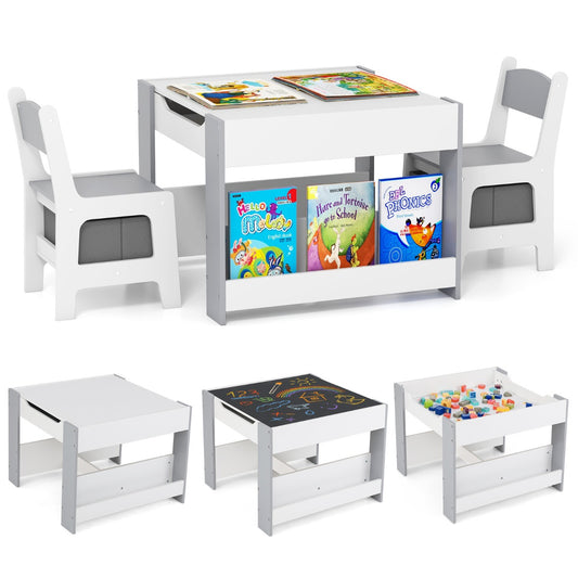LIVSK Kindertafel & Stoelenset - 4-in-1 Omkeerbaar Tafelblad - Ruime Opbergmogelijkheden - Veilig en Stevig - Wit + Grijs