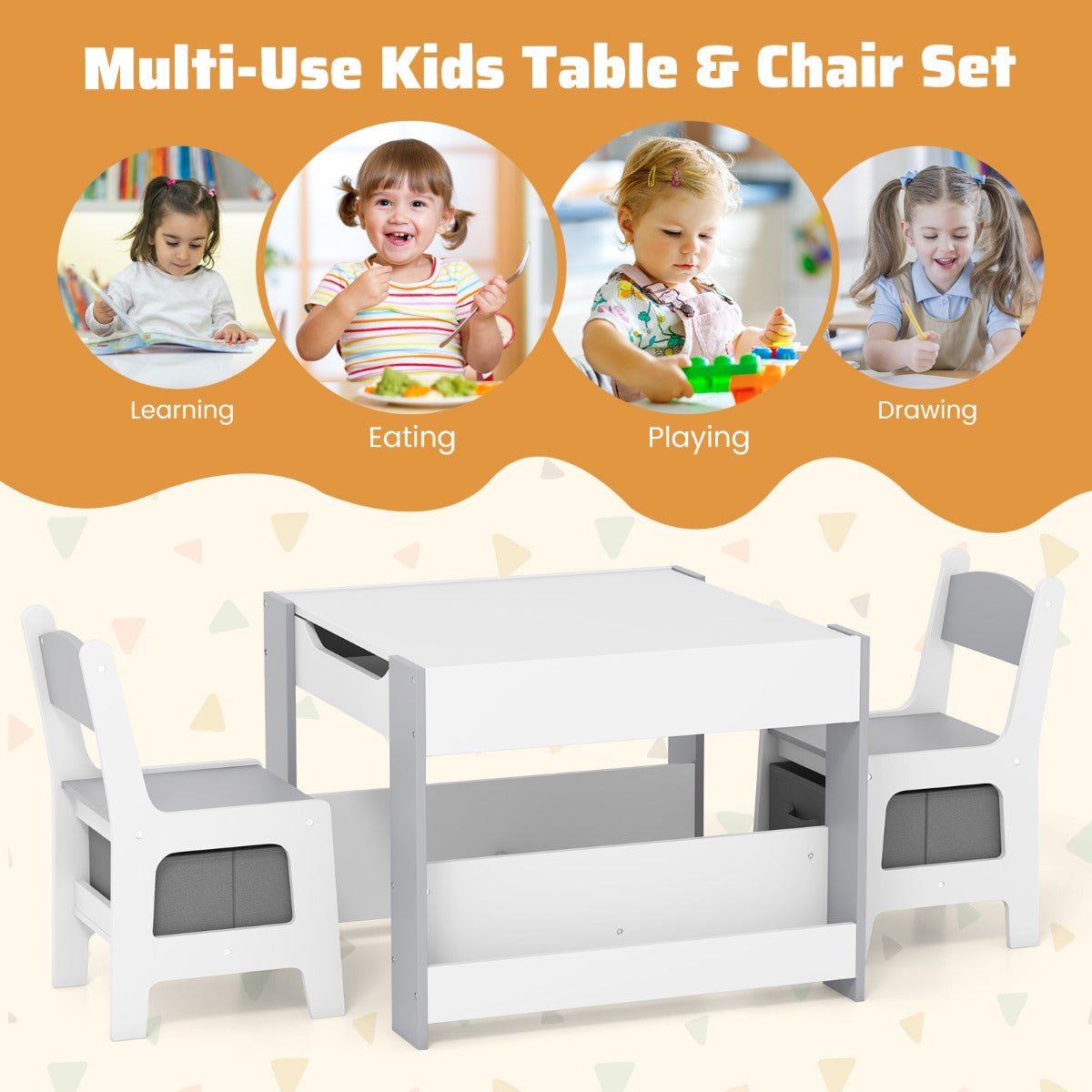 LIVSK Kindertafel & Stoelenset - 4-in-1 Omkeerbaar Tafelblad - Ruime Opbergmogelijkheden - Veilig en Stevig - Wit + Grijs