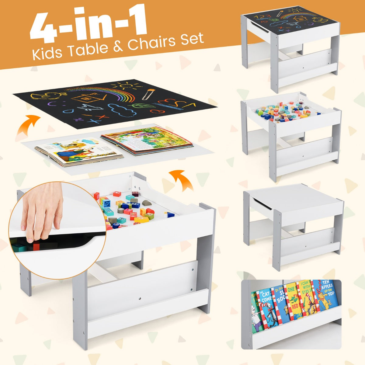 LIVSK Kindertafel & Stoelenset - 4-in-1 Omkeerbaar Tafelblad - Ruime Opbergmogelijkheden - Veilig en Stevig - Wit + Grijs