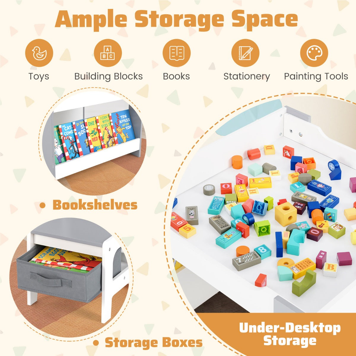 LIVSK Kindertafel & Stoelenset - 4-in-1 Omkeerbaar Tafelblad - Ruime Opbergmogelijkheden - Veilig en Stevig - Wit + Grijs