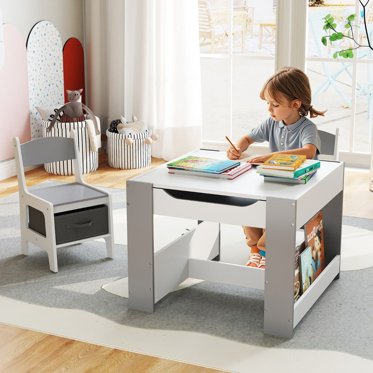 LIVSK Kindertafel & Stoelenset - 4-in-1 Omkeerbaar Tafelblad - Ruime Opbergmogelijkheden - Veilig en Stevig - Wit + Grijs