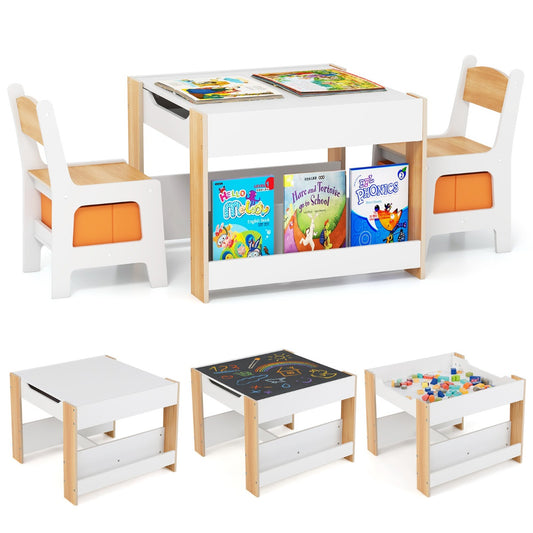 LIVSK 4-in-1 Kindertafel en Stoelenset - Omkeerbaar Tafelblad - Opbergboxen - Stevige Constructie - Voor Kinderen - Wit +