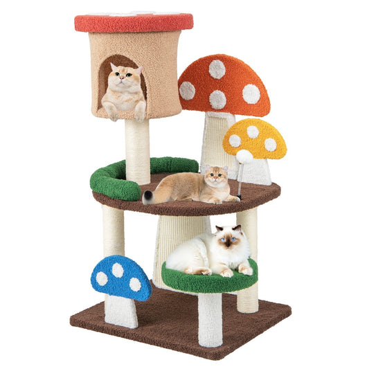 LIVSK Interactieve Kattentoren - Ruime Grot met Teddystof - Meerdere Platforms - Sisal Krabpalen - Veelkleurig