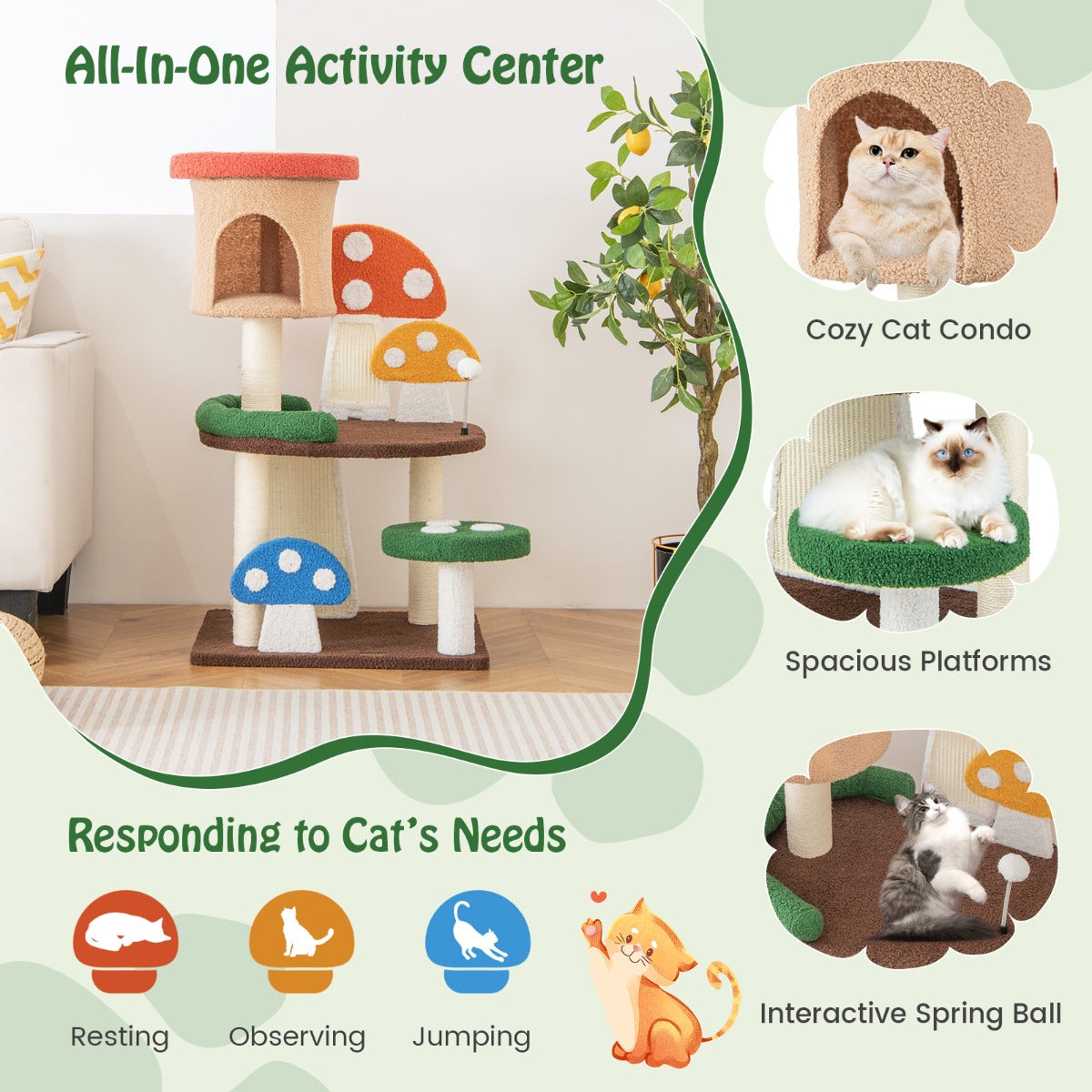 LIVSK Interactieve Kattentoren - Ruime Grot met Teddystof - Meerdere Platforms - Sisal Krabpalen - Veelkleurig