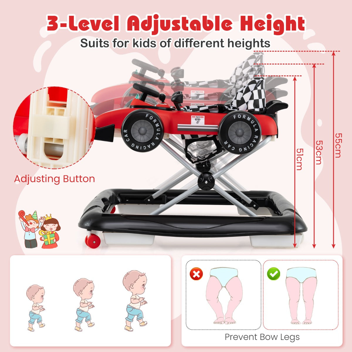 LIVSK 4-in-1 Loopwagen - Hoogteverstelbaar - Interactieve Muziekdoos - Veiligheidsbumper - Tot 12 kg - Rood