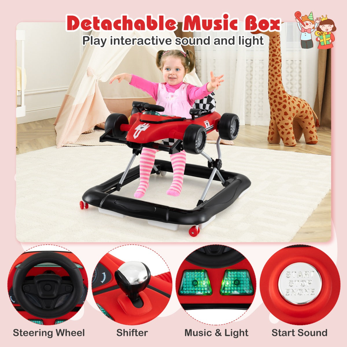 LIVSK 4-in-1 Loopwagen - Hoogteverstelbaar - Interactieve Muziekdoos - Veiligheidsbumper - Tot 12 kg - Rood