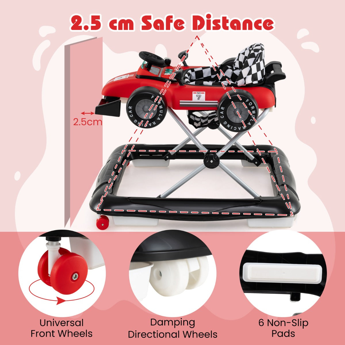 LIVSK 4-in-1 Loopwagen - Hoogteverstelbaar - Interactieve Muziekdoos - Veiligheidsbumper - Tot 12 kg - Rood