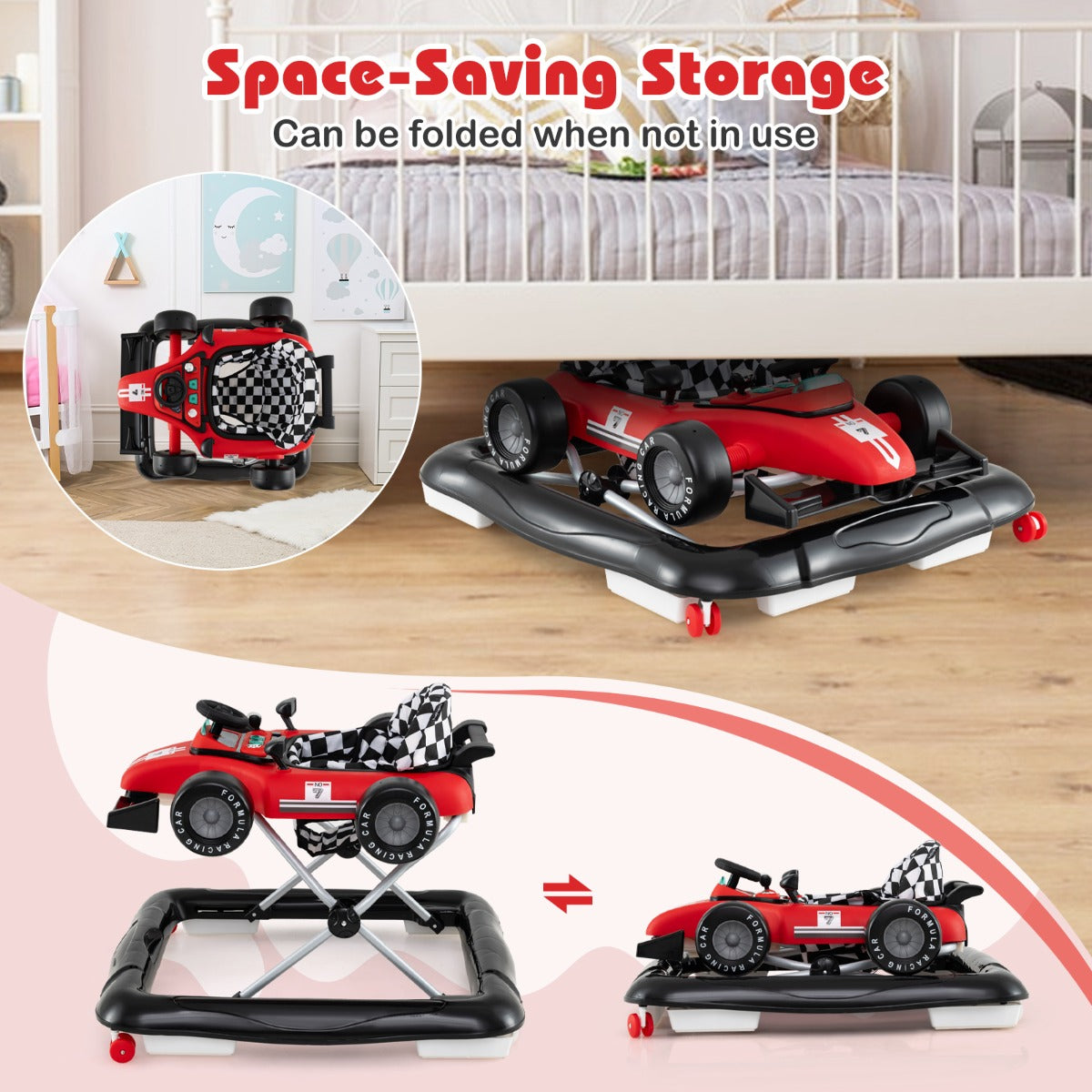 LIVSK 4-in-1 Loopwagen - Hoogteverstelbaar - Interactieve Muziekdoos - Veiligheidsbumper - Tot 12 kg - Rood