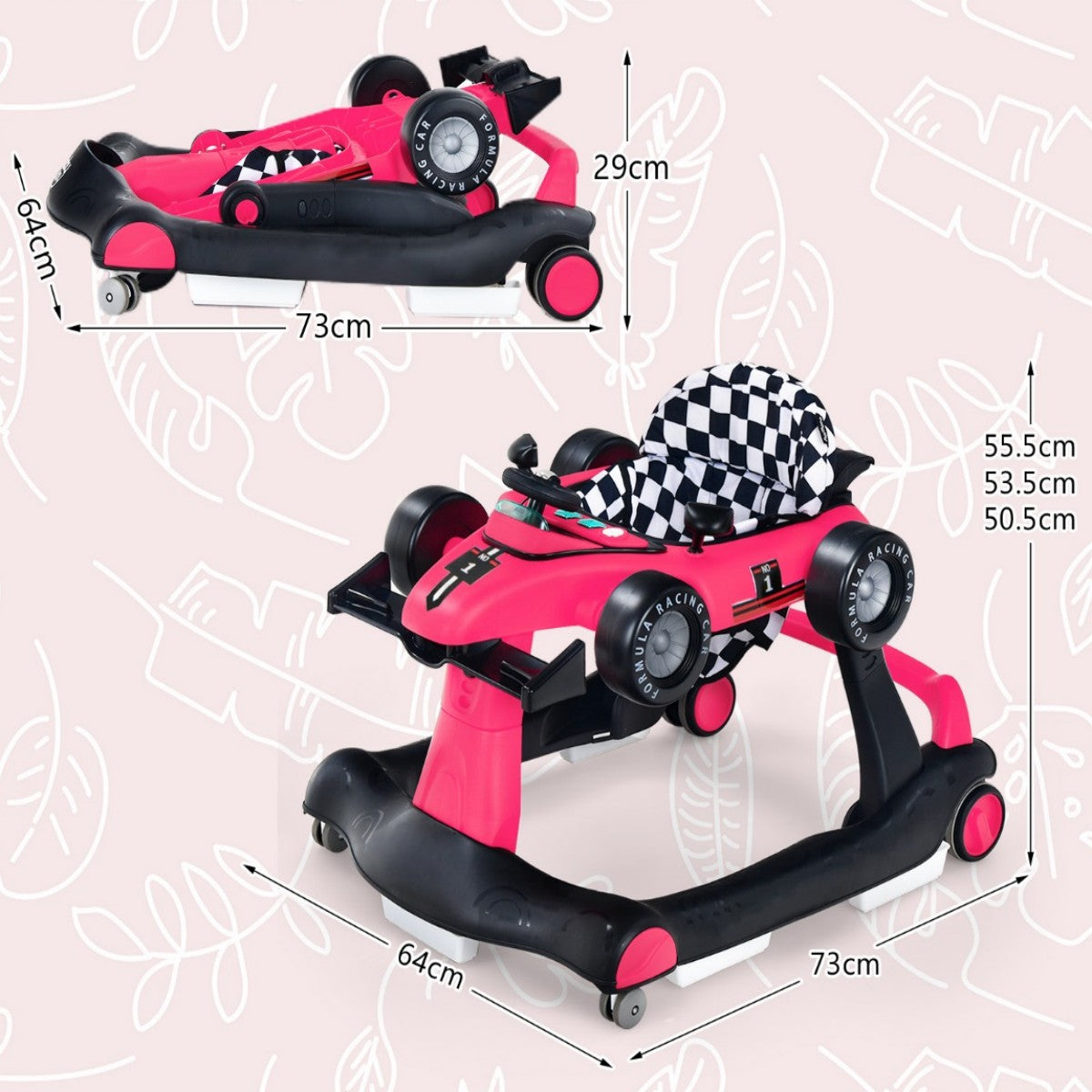 LIVSK 4-in-1 Loopwagen voor Baby's - Multifunctioneel met Verstelbare Hoogte - Veiligheidsbumper - Muziekdoosje - Donker Roze