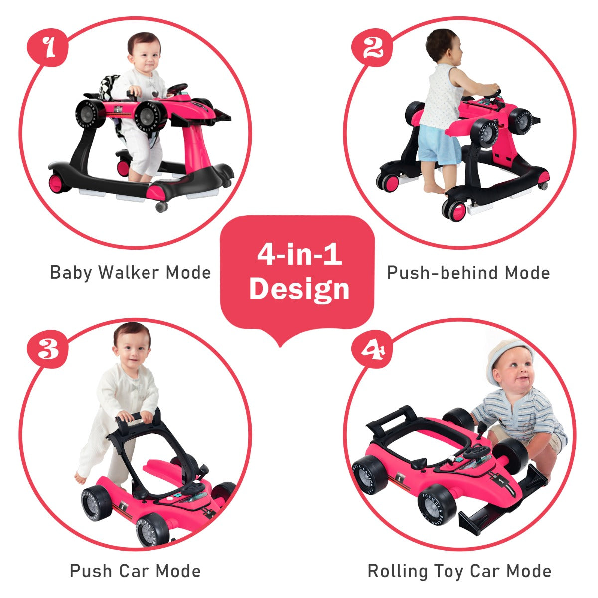 LIVSK 4-in-1 Loopwagen voor Baby's - Multifunctioneel met Verstelbare Hoogte - Veiligheidsbumper - Muziekdoosje - Donker Roze