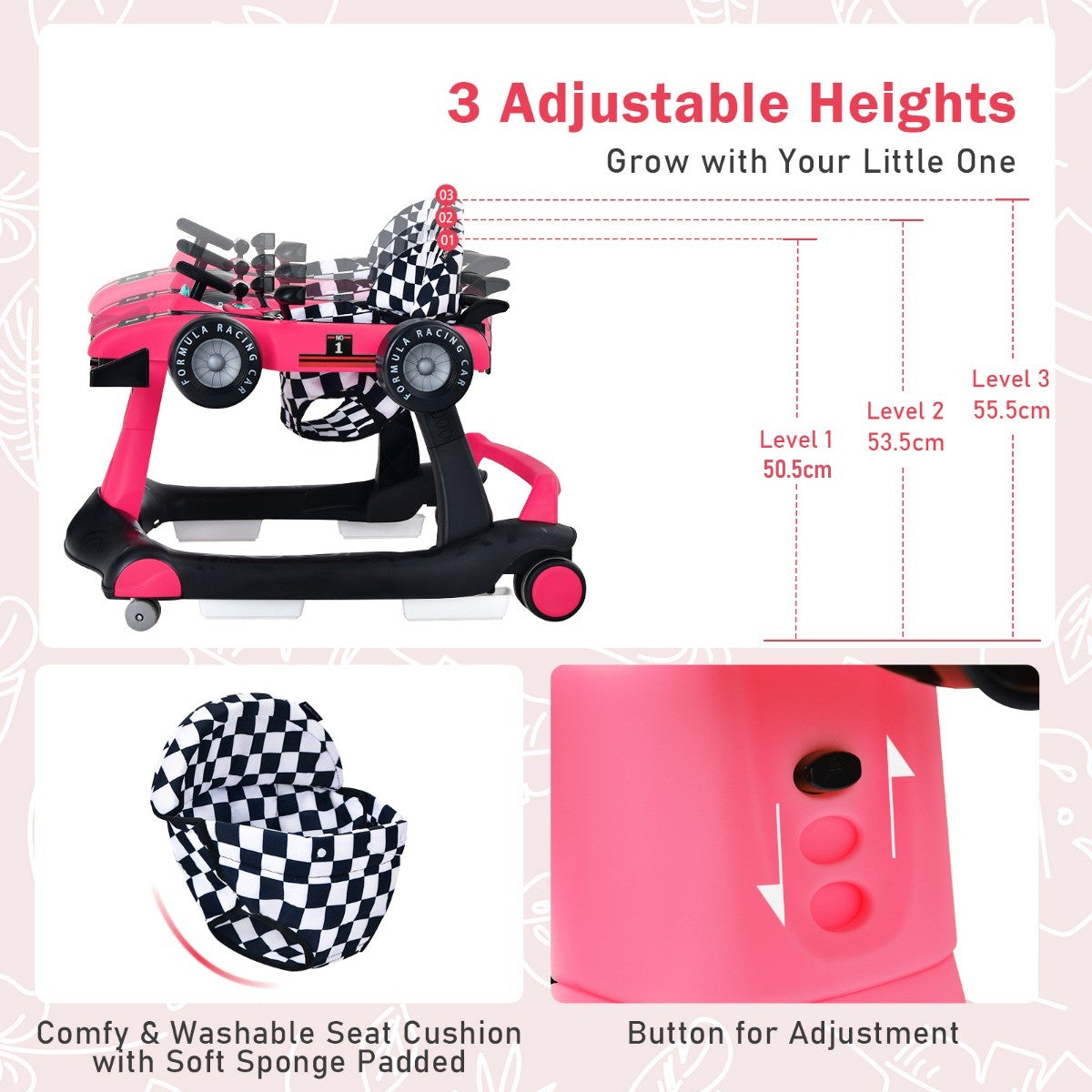 LIVSK 4-in-1 Loopwagen voor Baby's - Multifunctioneel met Verstelbare Hoogte - Veiligheidsbumper - Muziekdoosje - Donker Roze
