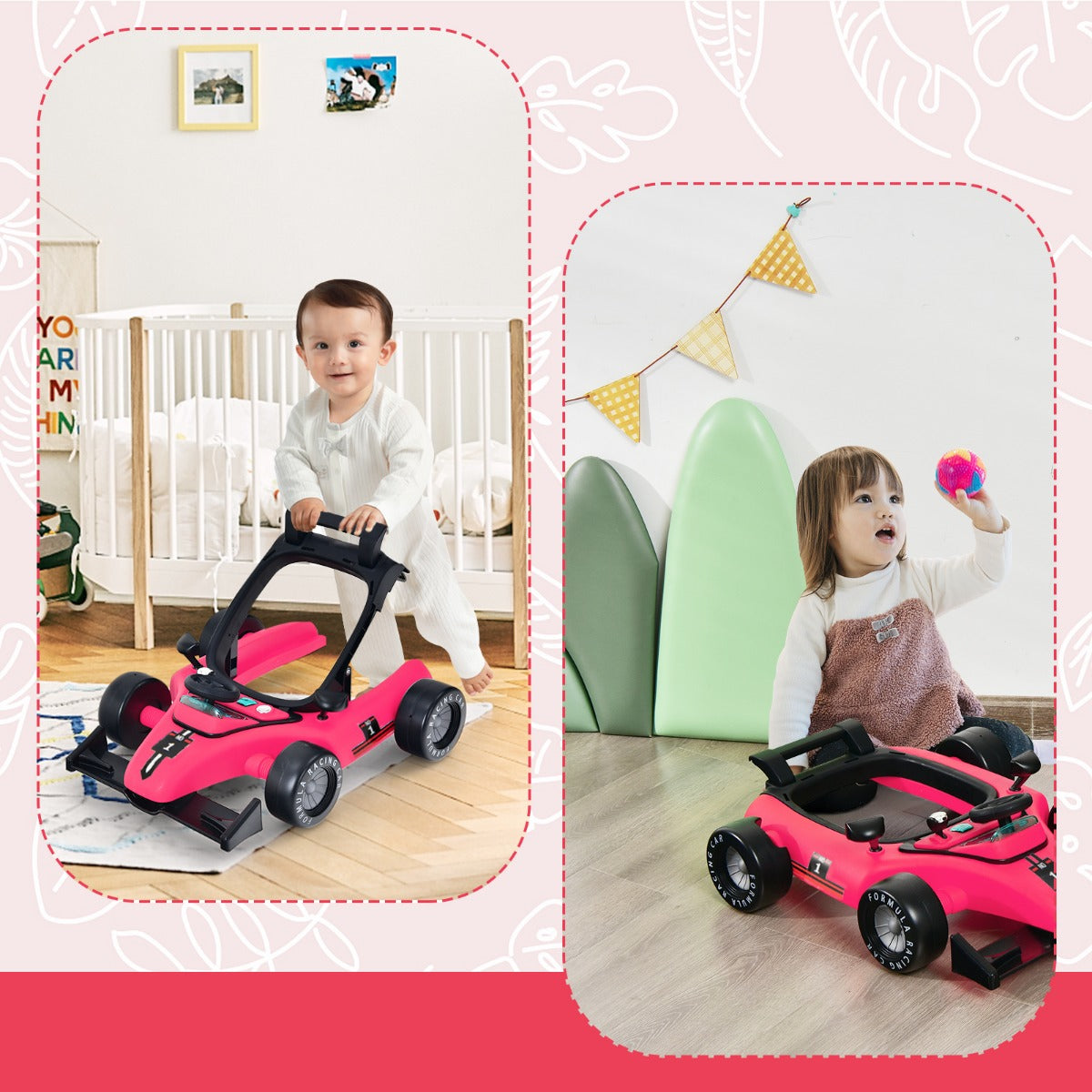 LIVSK 4-in-1 Loopwagen voor Baby's - Multifunctioneel met Verstelbare Hoogte - Veiligheidsbumper - Muziekdoosje - Donker Roze