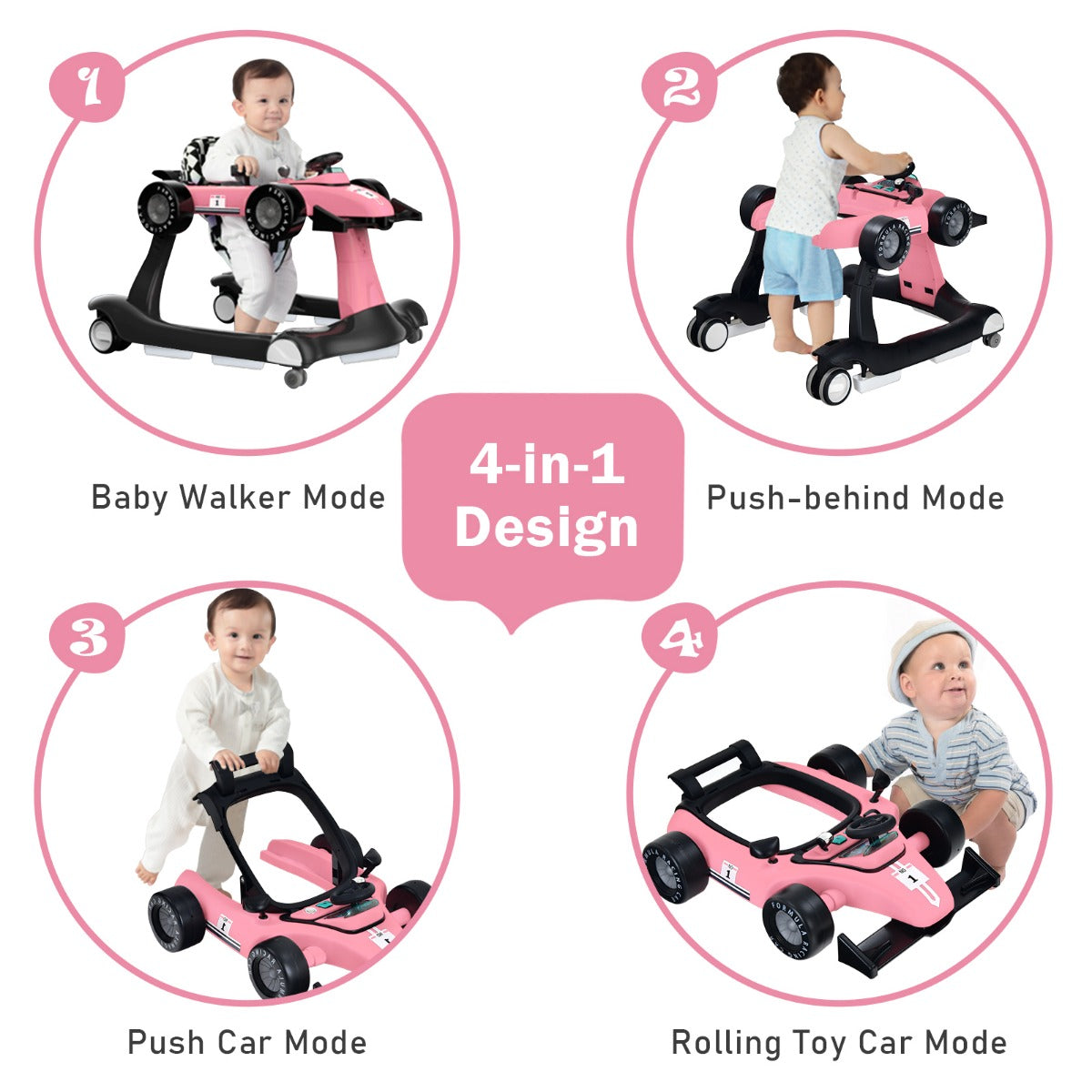 LIVSK 4-in-1 Loopwagen - Verstelbare Hoogte en Snelheid - Veiligheidsbumper - Muziekdoosje - Voor 6-18 maanden - Roze