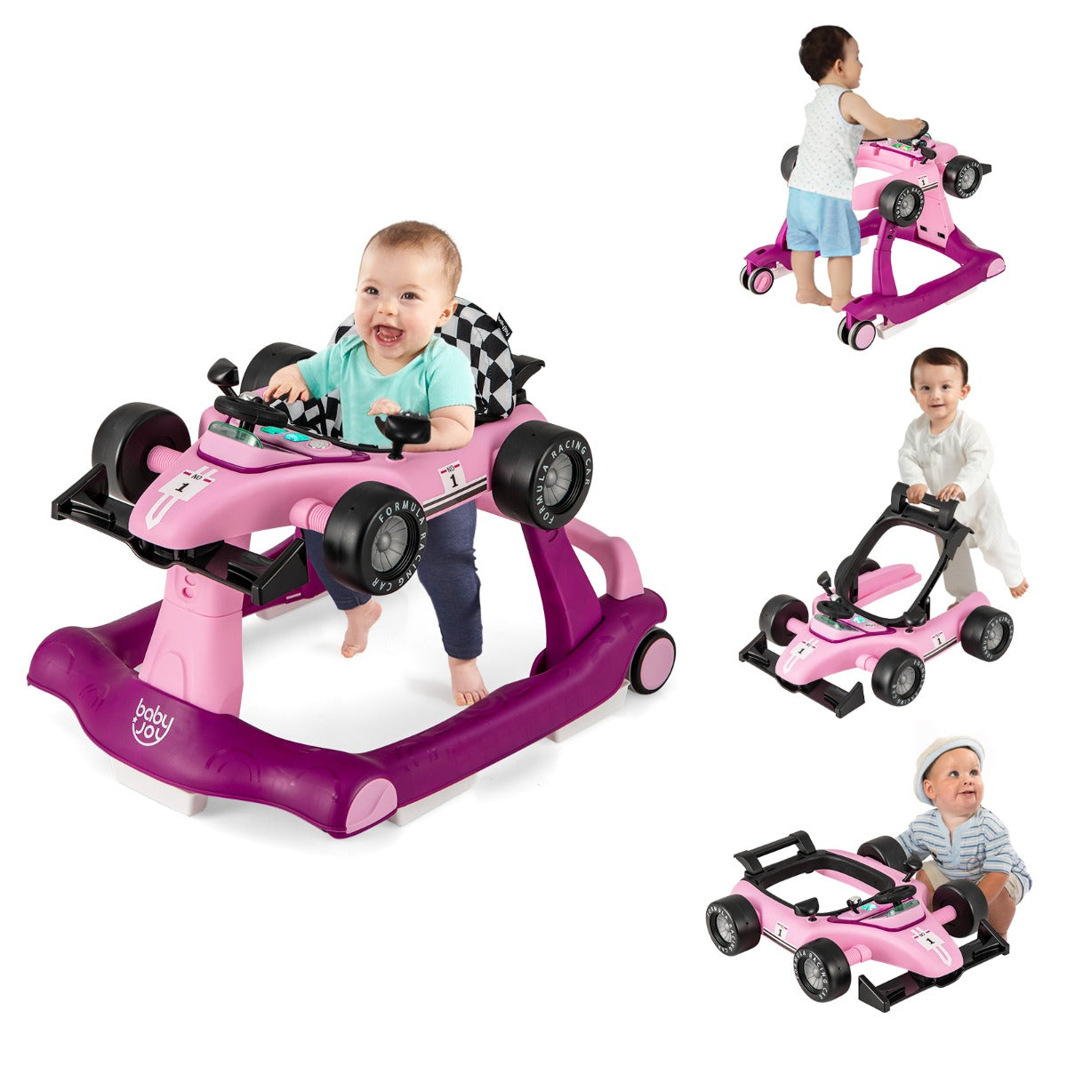 LIVSK 4-in-1 Baby Loopstoel - Verstelbare Hoogte en Snelheid - Veiligheidsbumper - Interactief Speelgoed - Tot 12 kg - Purper