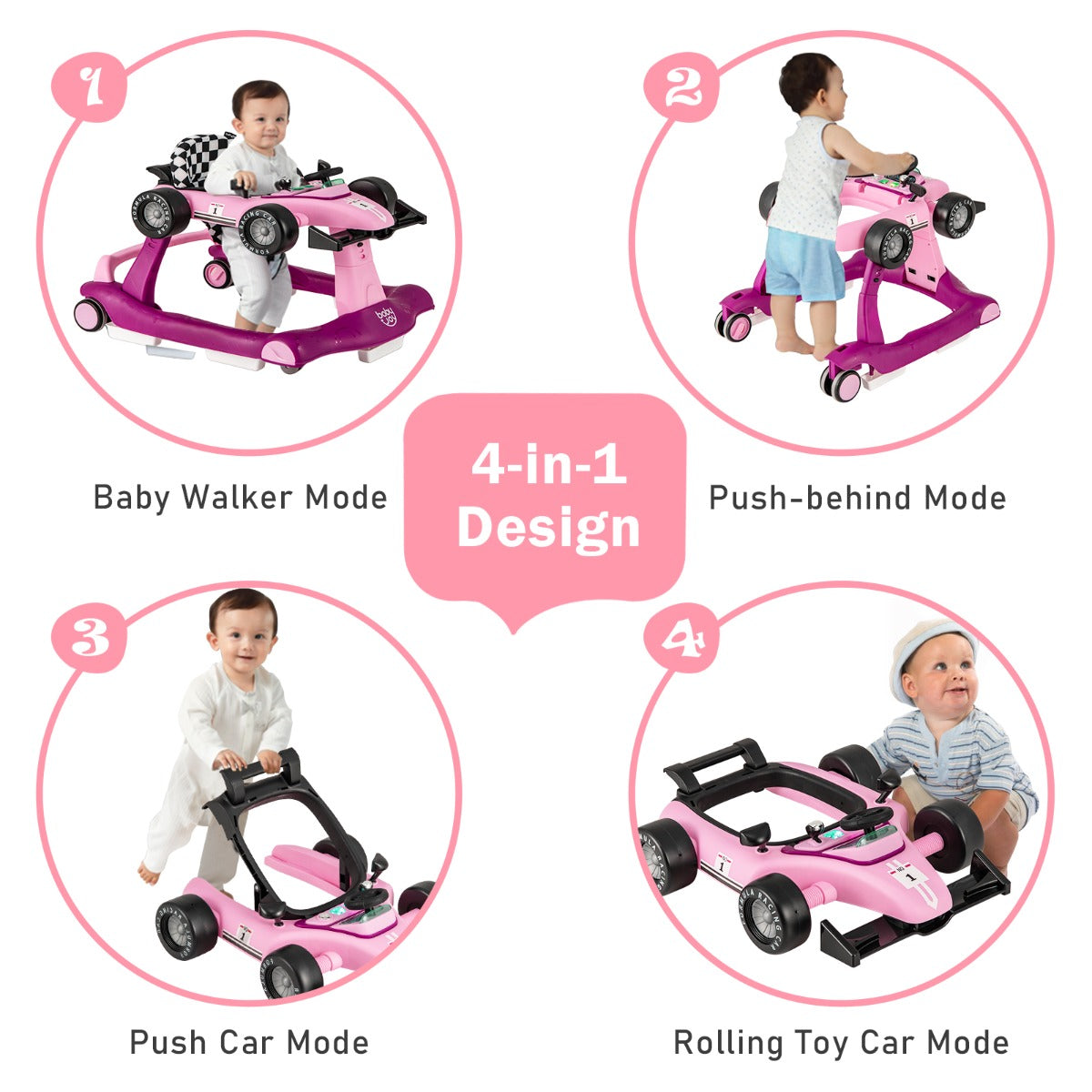 LIVSK 4-in-1 Baby Loopstoel - Verstelbare Hoogte en Snelheid - Veiligheidsbumper - Interactief Speelgoed - Tot 12 kg - Purper
