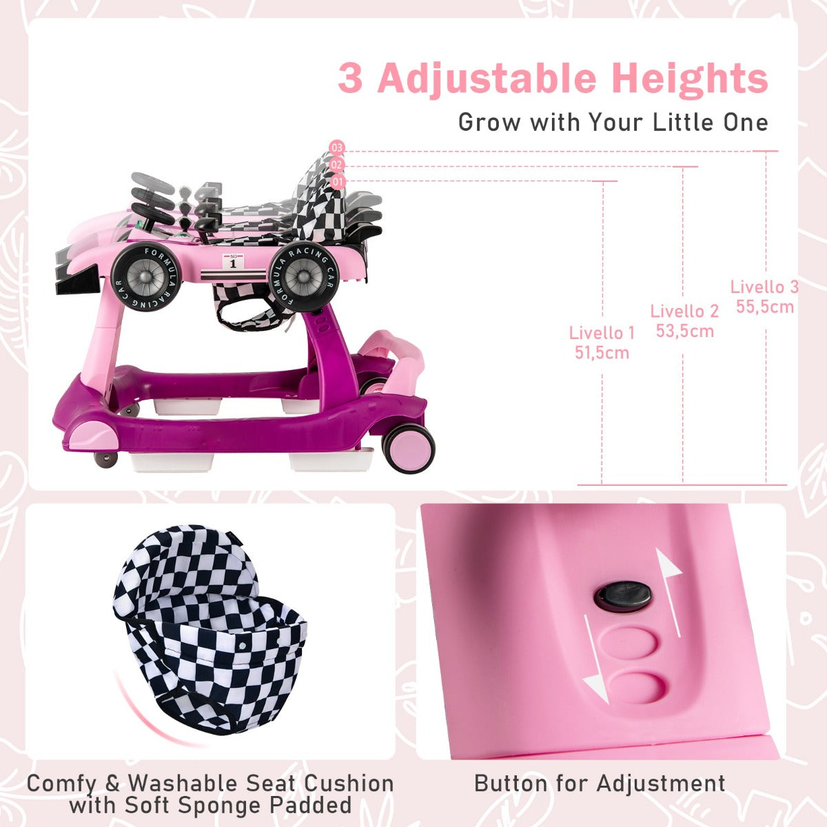 LIVSK 4-in-1 Baby Loopstoel - Verstelbare Hoogte en Snelheid - Veiligheidsbumper - Interactief Speelgoed - Tot 12 kg - Purper