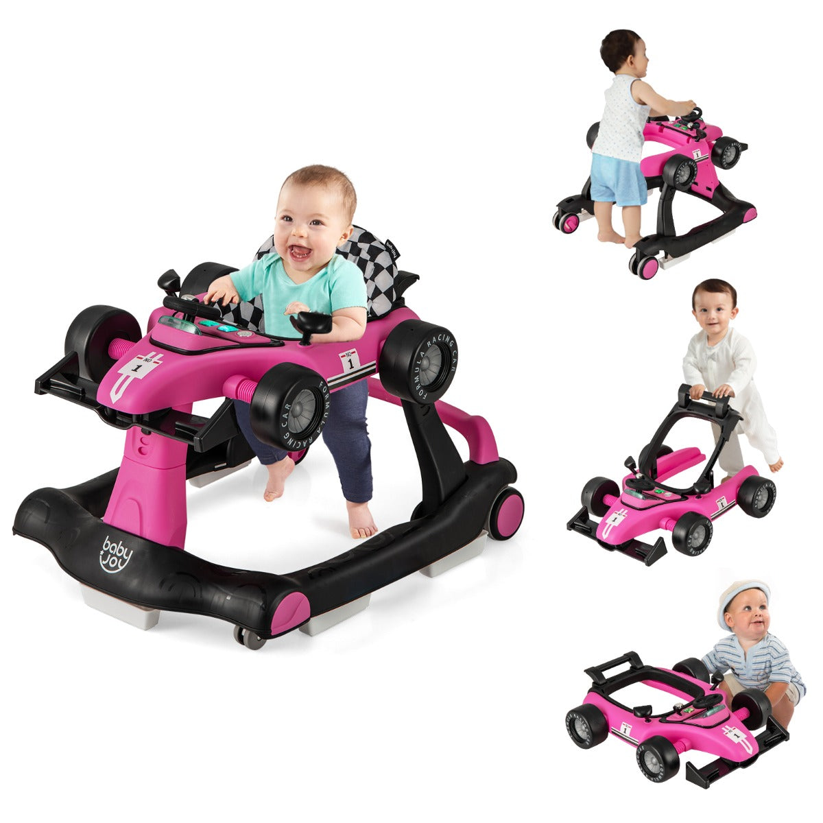 LIVSK 4-in-1 Baby Loopstoel - Verstelbare Hoogte en Snelheid - Veiligheidsbumper - Opvouwbaar - Muziekdoosje - Roze