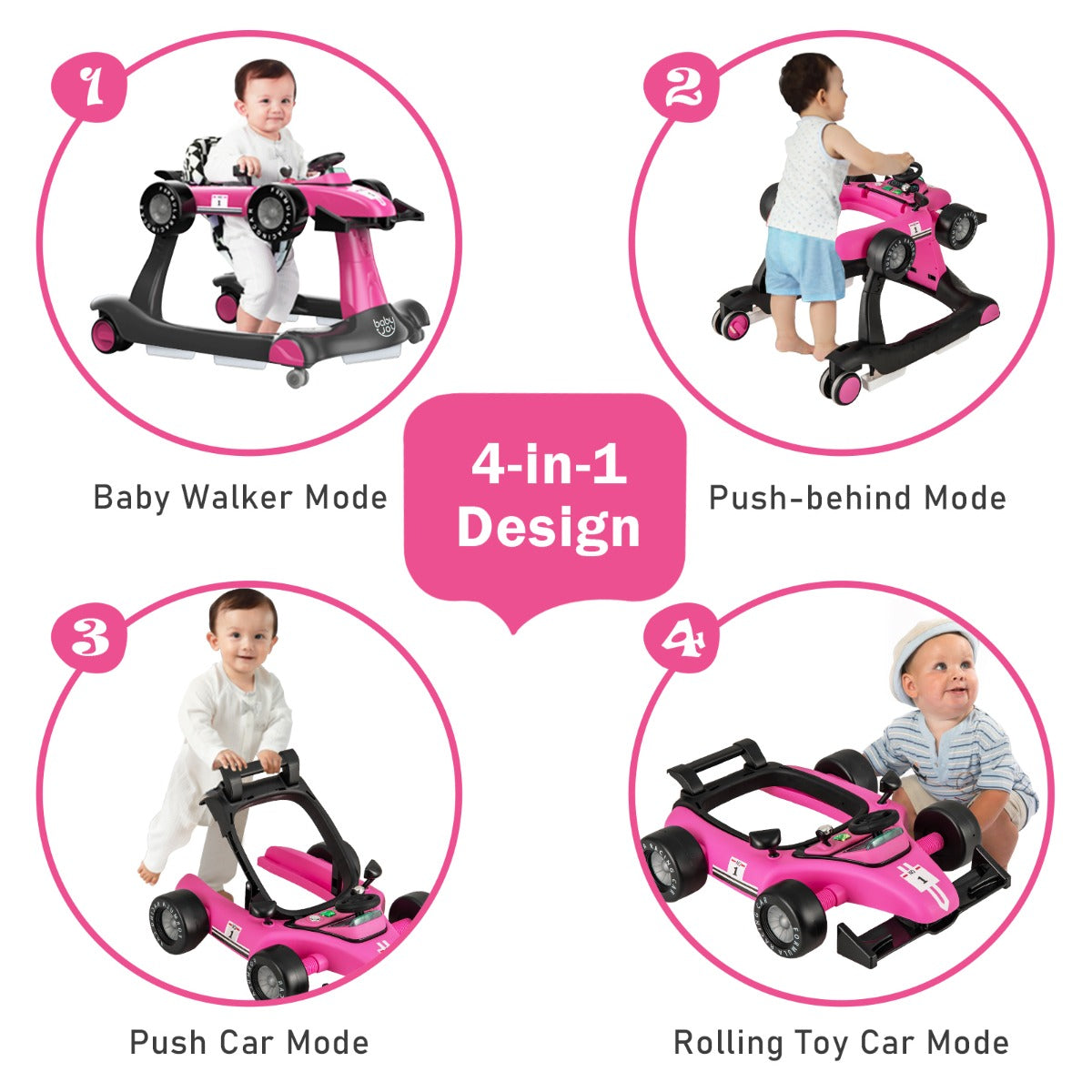 LIVSK 4-in-1 Baby Loopstoel - Verstelbare Hoogte en Snelheid - Veiligheidsbumper - Opvouwbaar - Muziekdoosje - Roze