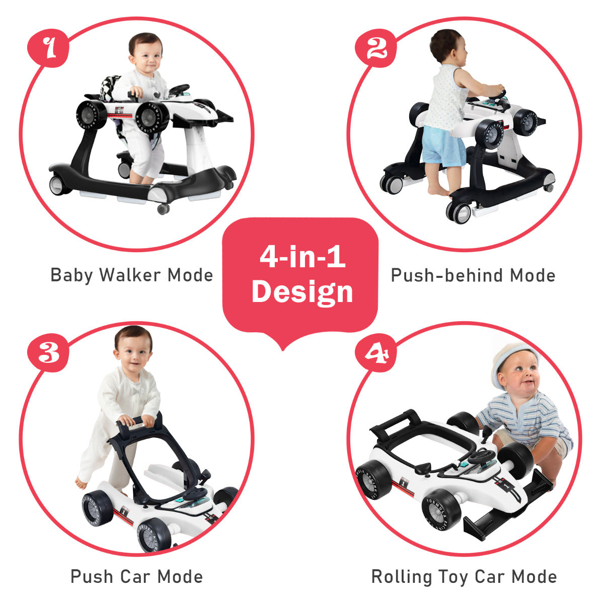 LIVSK 4-in-1 Baby Loopstoel - Verstelbare Hoogte en Snelheid - Muziekdoosje - Opvouwbaar - Geschikt voor 6-18 maanden - Wit