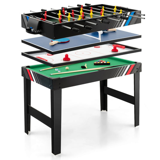 LIVSK 4-in-1 Multi-Speeltafel - Tafelvoetbal, Airhockey, Biljart en Tafeltennis - Inclusief Accessoires - 125 x 97 x 83 cm - Zwart