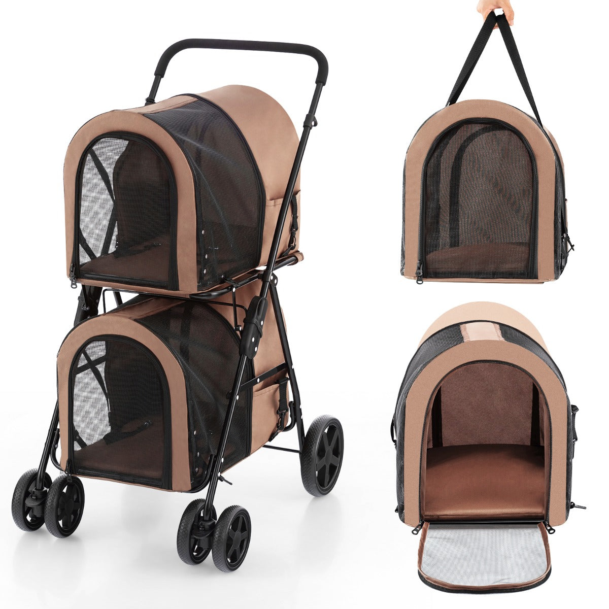 LIVSK 4-in-1 Huisdierenwandelwagen - Draagtas, Autozitje, Huisdierkrat - Opvouwbaar - Hoogwaardig Oxford Doek - Beige