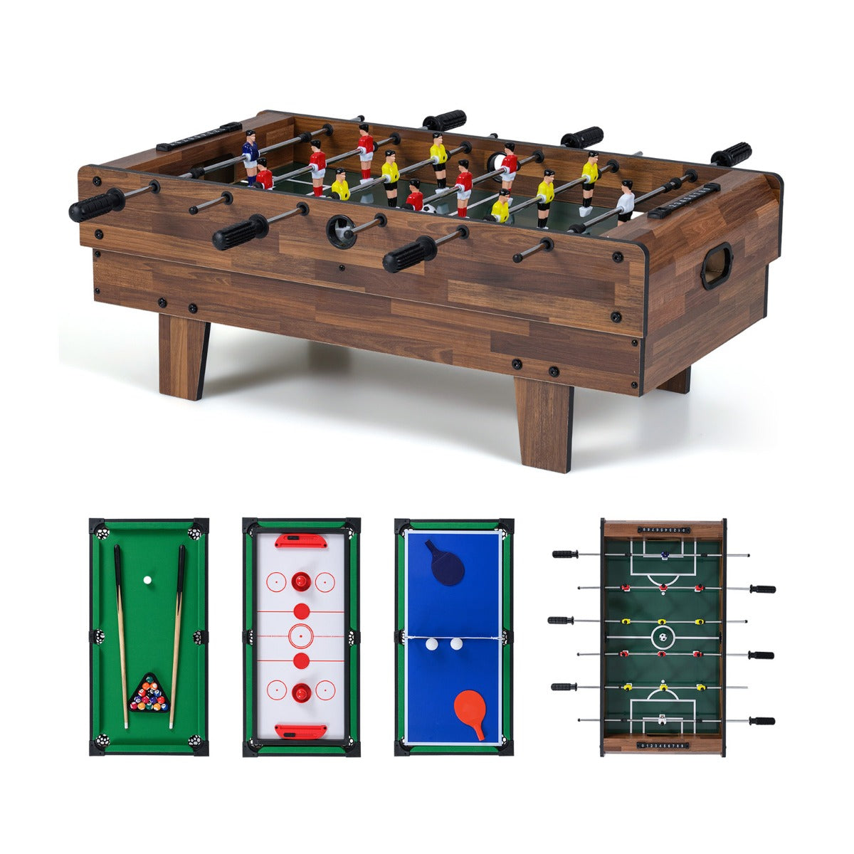 Livsk costway 4 in 1 multifunctionele speltafel die tafelvoetbal biljart tafeltennis en airhockey in een combineert bruin