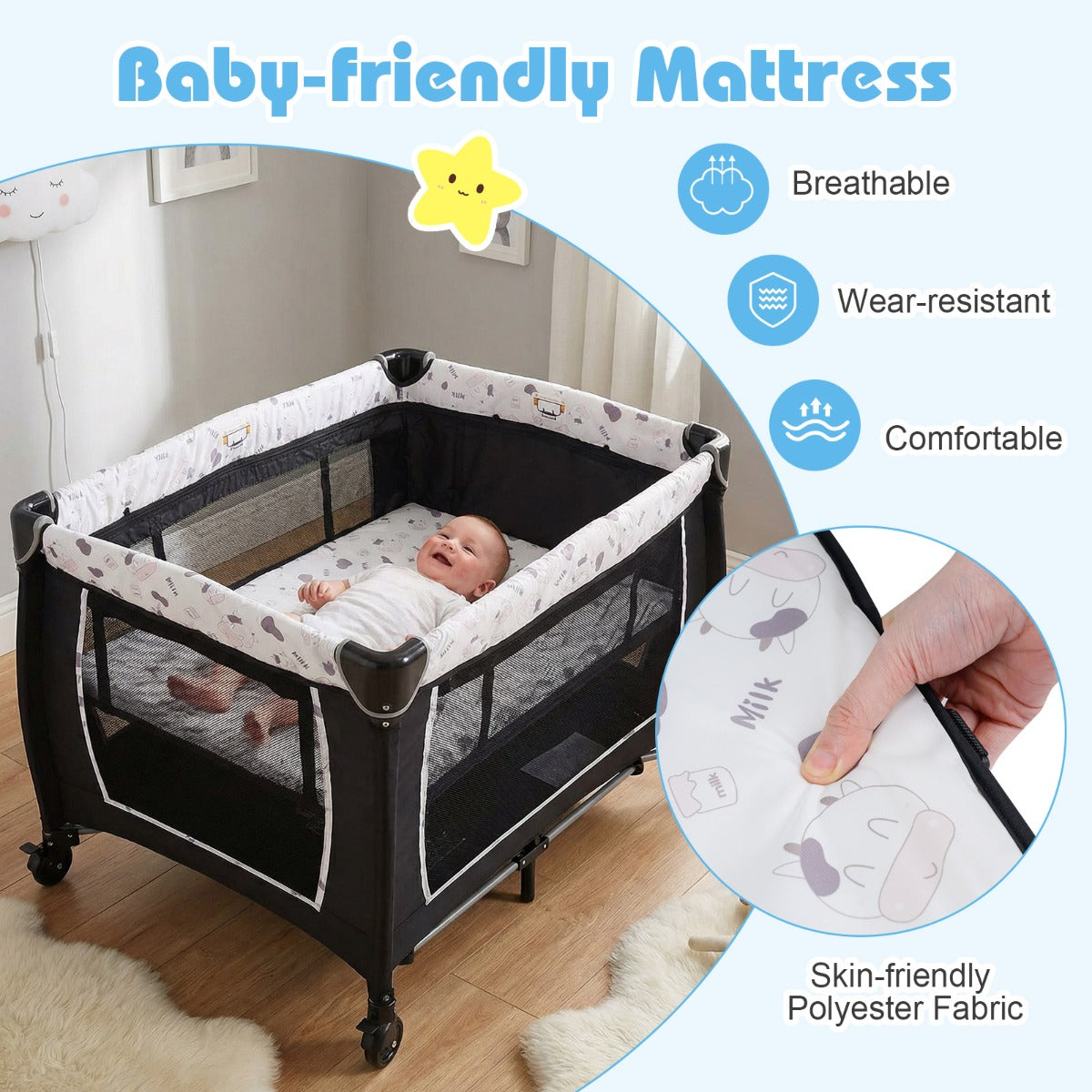 Livsk costway 4 in 1 opvouwbaar kinderbedje met wieltjes matras en draagtas 6