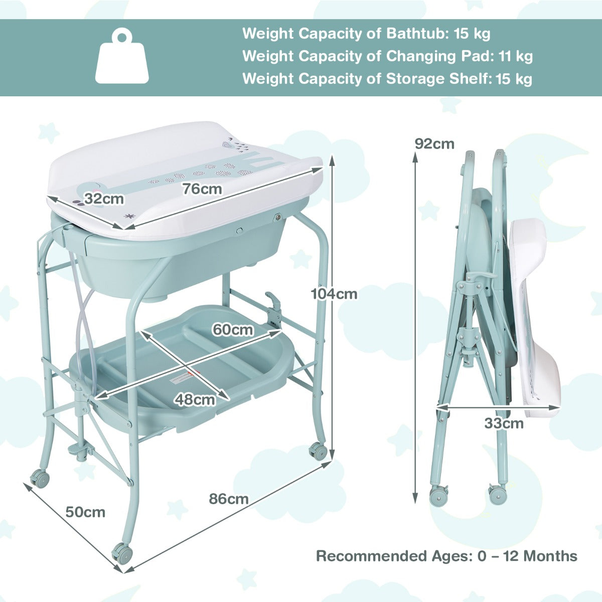 LIVSK Opvouwbare Commode met Badkuip - 4-in-1 Ontwerp - Ergonomisch - Opbergvakken - Makkelijk Verplaatsbaar - Blauw