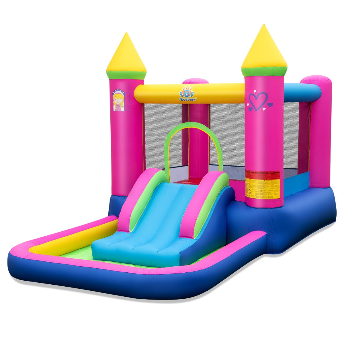 LIVSK 4-in-1 Prinsessenthema Springkasteel - Glijbaan - Basketbalhoepel - Ballenbad - Duurzaam en Veilig - 363 x 202 x 205 cm -