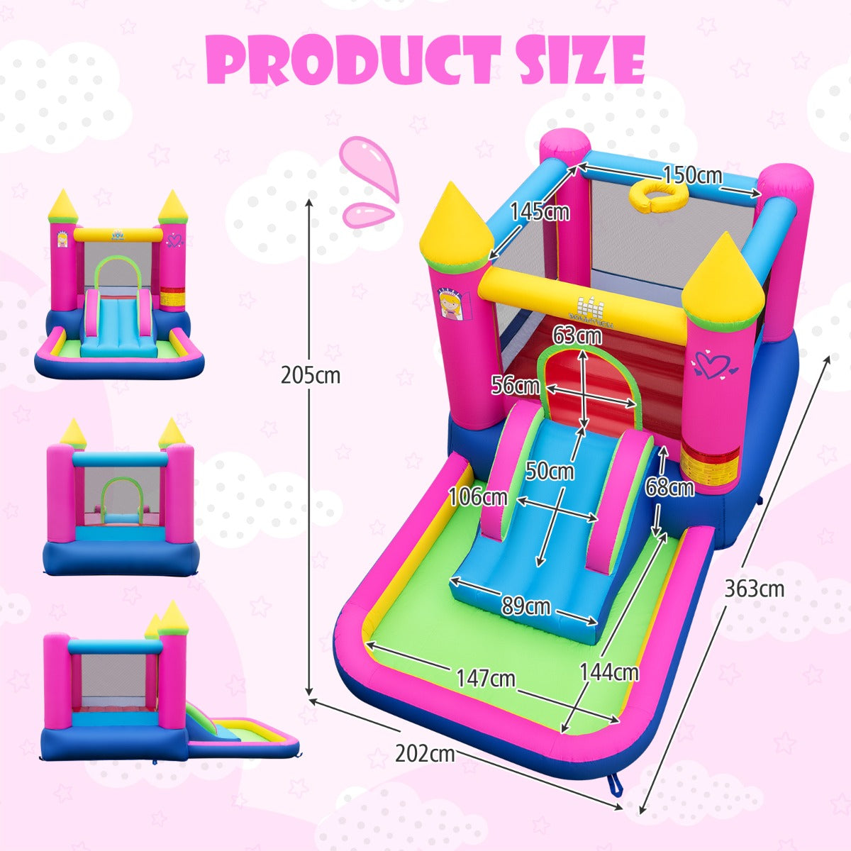 LIVSK 4-in-1 Prinsessenthema Springkasteel - Glijbaan - Basketbalhoepel - Ballenbad - Duurzaam en Veilig - 363 x 202 x 205 cm -