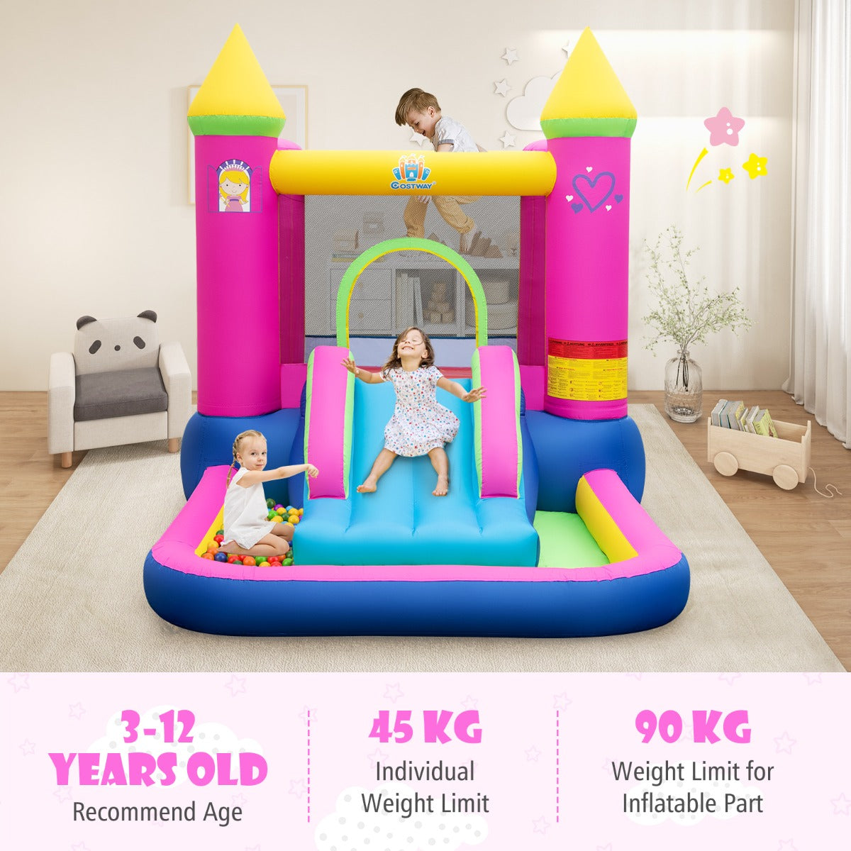 LIVSK 4-in-1 Prinsessenthema Springkasteel - Glijbaan - Basketbalhoepel - Ballenbad - Duurzaam en Veilig - 363 x 202 x 205 cm -