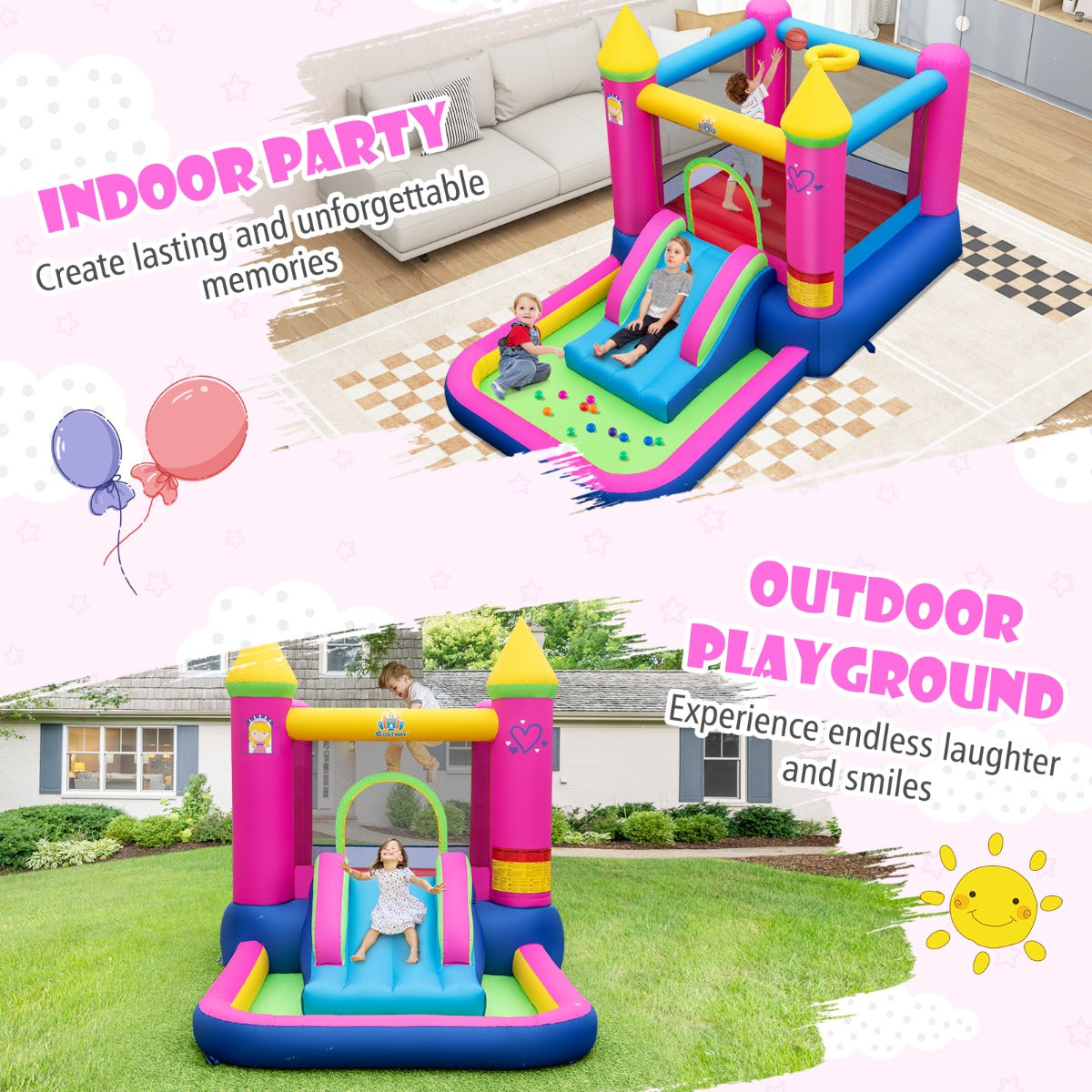 LIVSK 4-in-1 Prinsessenthema Springkasteel - Glijbaan - Basketbalhoepel - Ballenbad - Duurzaam en Veilig - 363 x 202 x 205 cm -