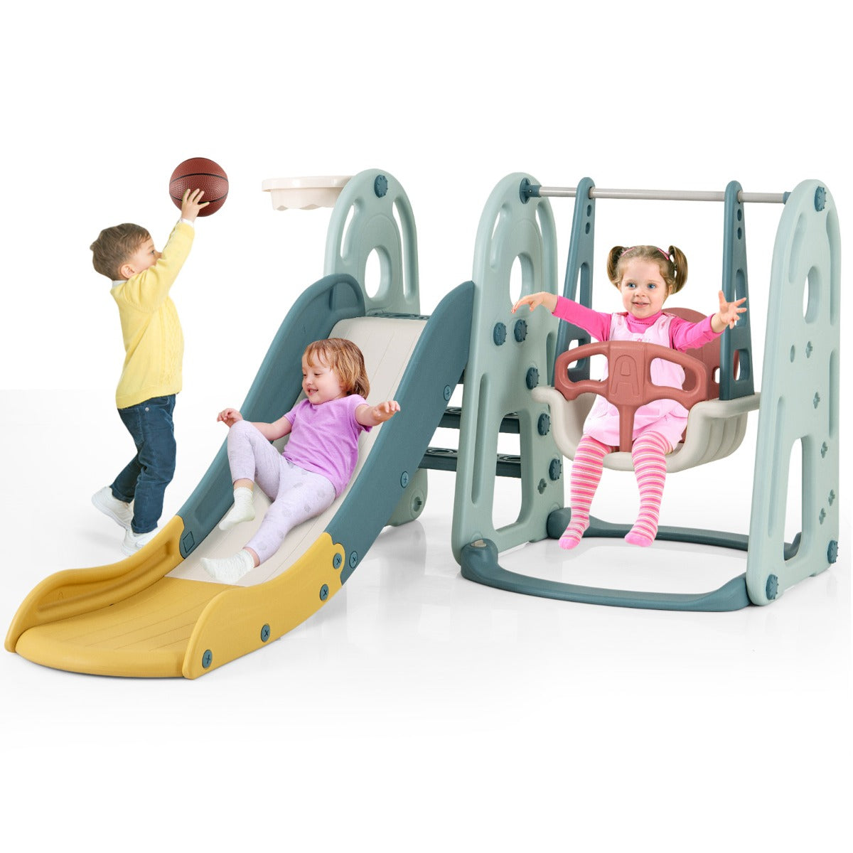 LIVSK 4-in-1 Kinderspeelset - Glijbaan, Schommel, Basketbalring en Trap - In hoogte verstelbaar - Voor kinderen vanaf 18 maanden